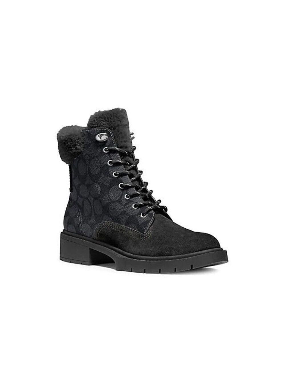 COACH Lorimer Shearling-Trim Canvas Boots in Black Size 7